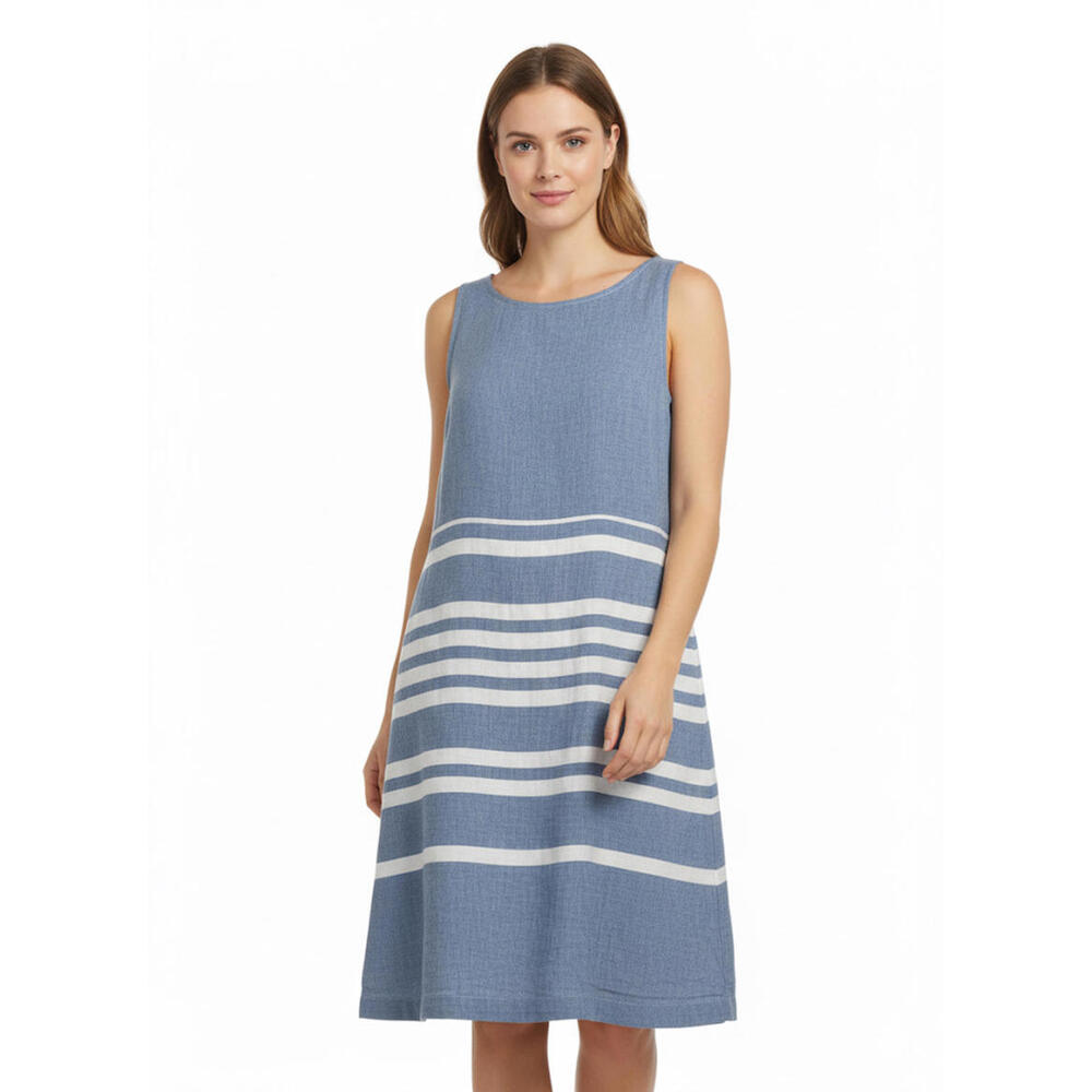 Blue Sleeveless Midi Dress with White Stripes